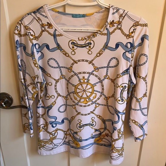 J. McLaughlin Gold and White Nautical 3/4 Sleeve Cruisewear Top, size M - Picture 1 of 6